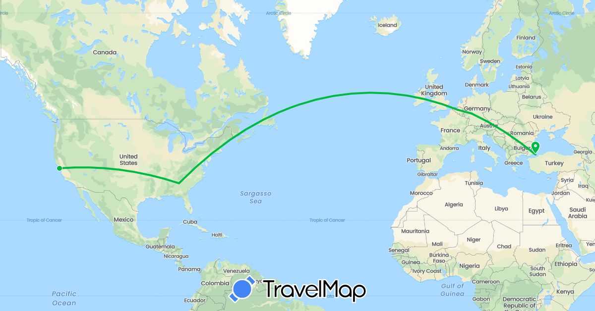 TravelMap itinerary: driving, bus in Belgium, Germany, Turkey, United States (Asia, Europe, North America)
